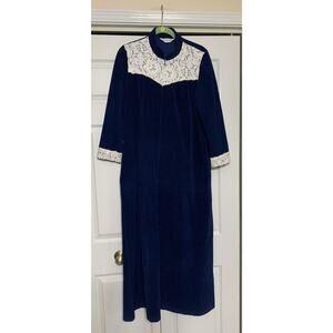 Vintage Vanity Fair Velour Zip Housecoat Robe Royal Blue With Lace Trim Size M